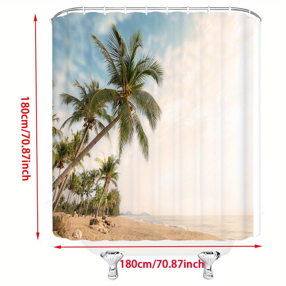 1pc Tropical Beach Shower Curtain - Palm Trees, Sunset & Waves, Tranquil Island Vibes, Polyester,  Bathroom Decor