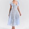 Robe Longue Courte Rétro Dentelle Taille Haute Moulante Col en V Sexy Manches Courtes Robe Longue Femme