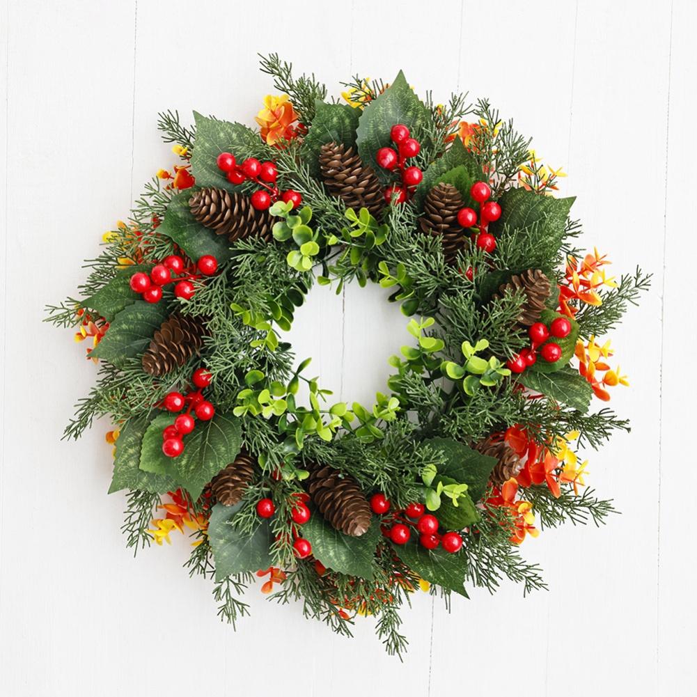 1PC Christmas Wreath 40CM Decorations Flower Christmas Wreath With Pinecones Berries Christmas Door Wall Decoration Garlands