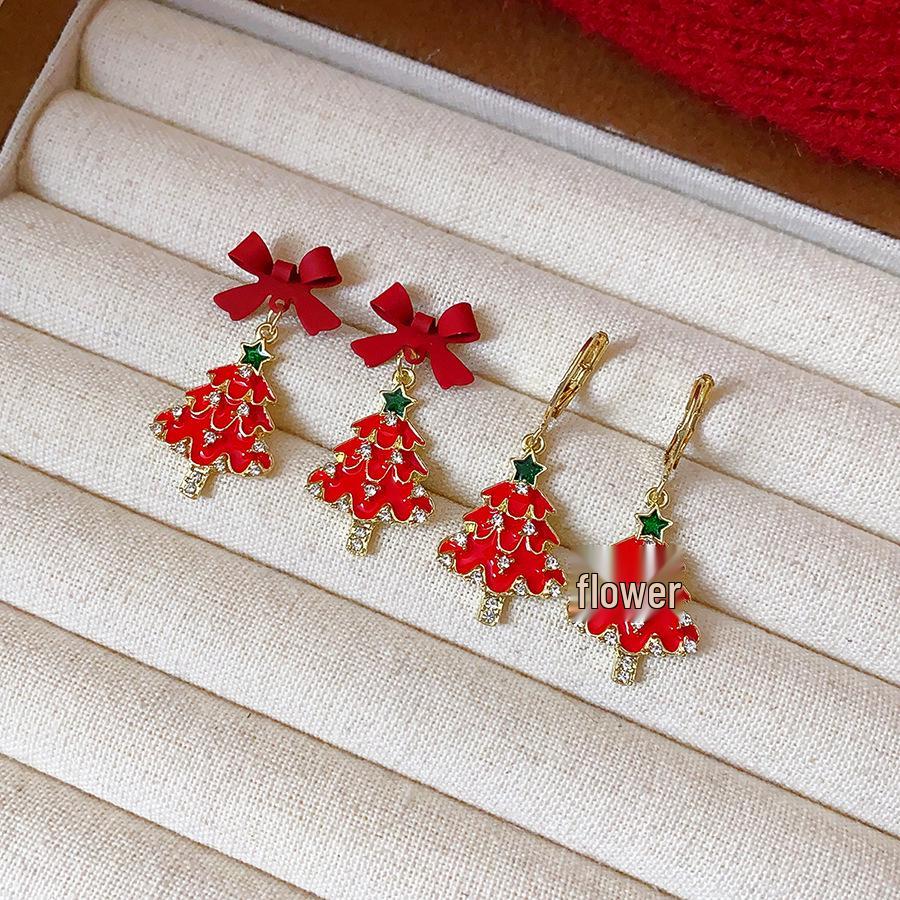 Silver Rhinestone Bow Christmas Tree Earrings: High-End, Versatile Studs