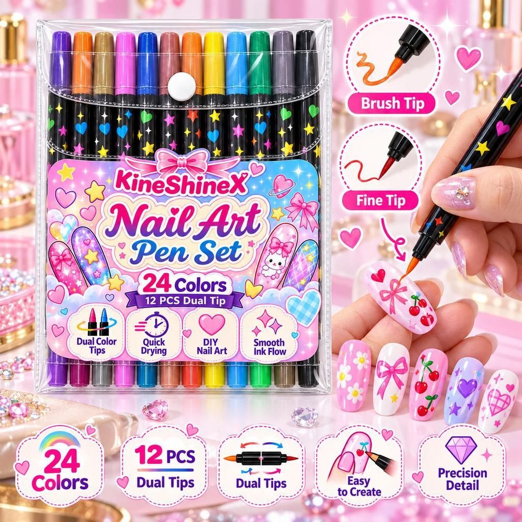 Dual Tip Nail Art Pen Set, 24 Colors Quick Drying Nail Drawing Markers for Fine Lines & Nail Details, DIY Nail Decorating for Unique Nail Looks