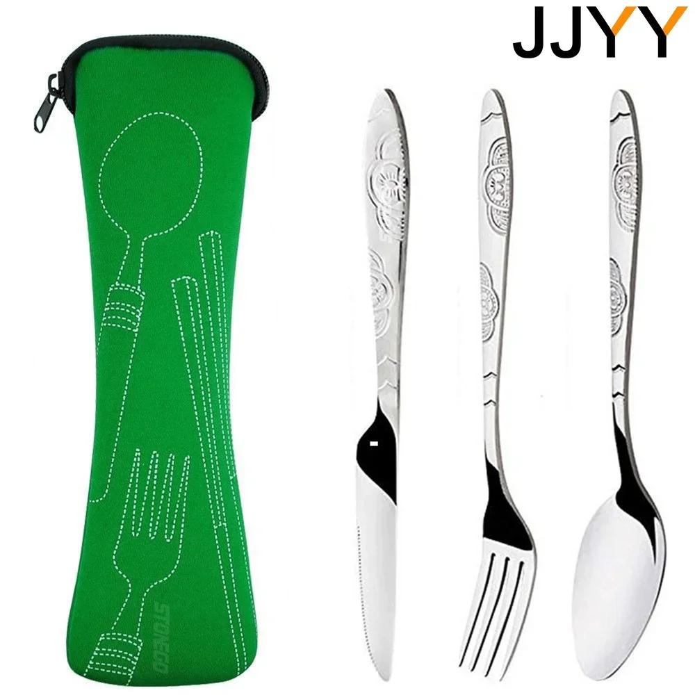 3PCS Portable Cutlery Set Stainless Steel Fork Spoon Steak Knife with Storage Bag Kitchen Dining Utensils