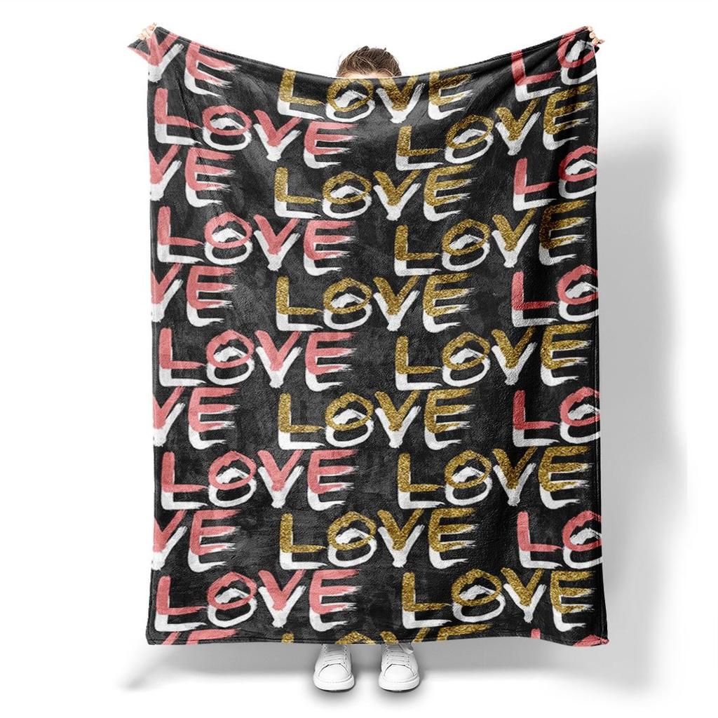 Love Print Flannel Throw Blanket Colorful Repeating Design Soft Cozy Fleece for Home Office Sofa and Car All Season Gift
