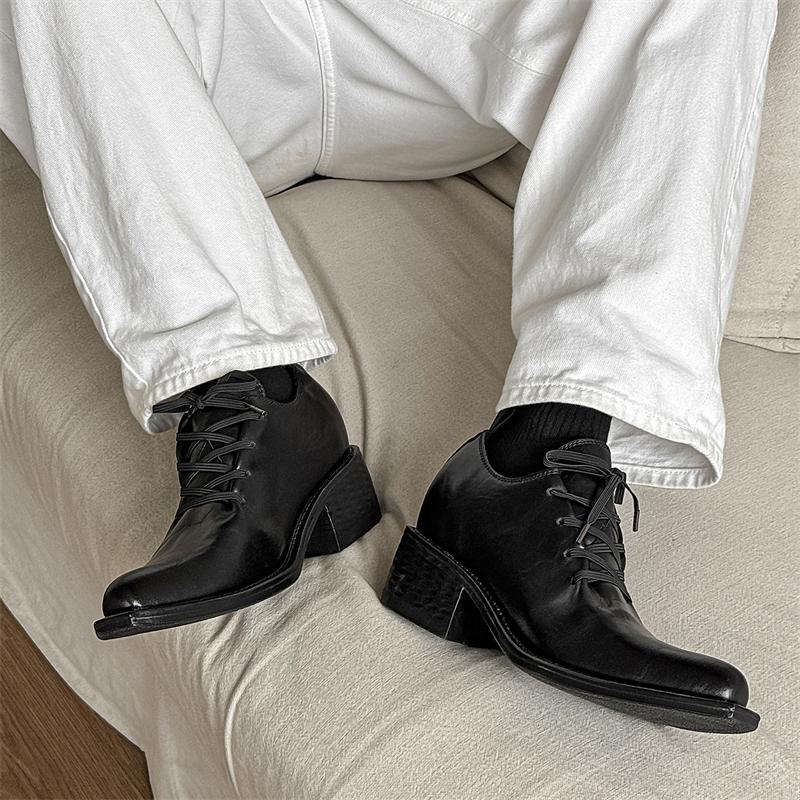 Fashion Black Derby Men's Leather Shoes Classic Luxury Designer Style Dance and Party Trendy Adult Thick Soled Shoes Couple Black