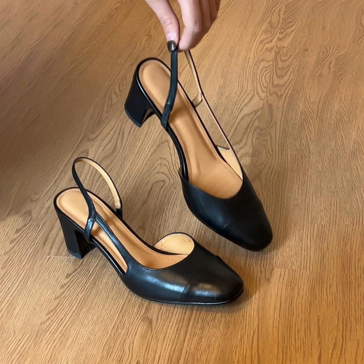 

New retro round head rear strap sandals femininity medium heel simple round head literary style high heels 39 чёрный