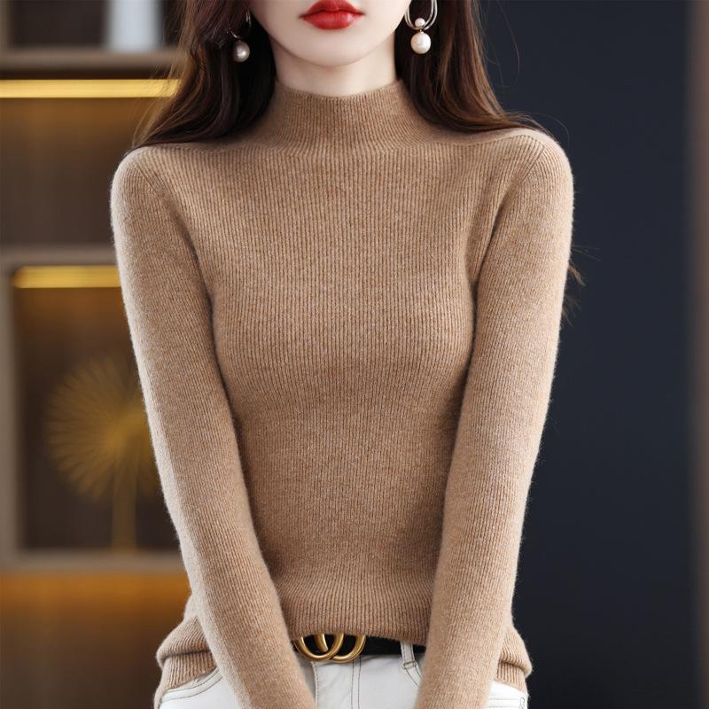 Women's Autumn & Winter Half-High Neck Wool Sweater - Tight-Fitting Australian Wool Pullover Knitwear Base Layer
