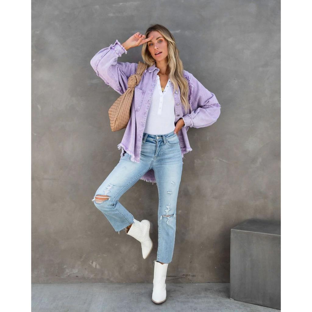 Long Sleeve Denim Jacket Women Washed Raw Edge Mid-Length Loose Jacket