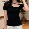 La Chapelle Off-Shoulder Hollow Short Sleeve T-Shirt
