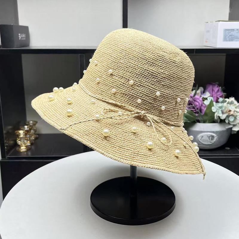 Handmade fine crochet raffia fisherman hat children summer sun protection straw hat pearl basin hat seaside beach hat one size adjustable