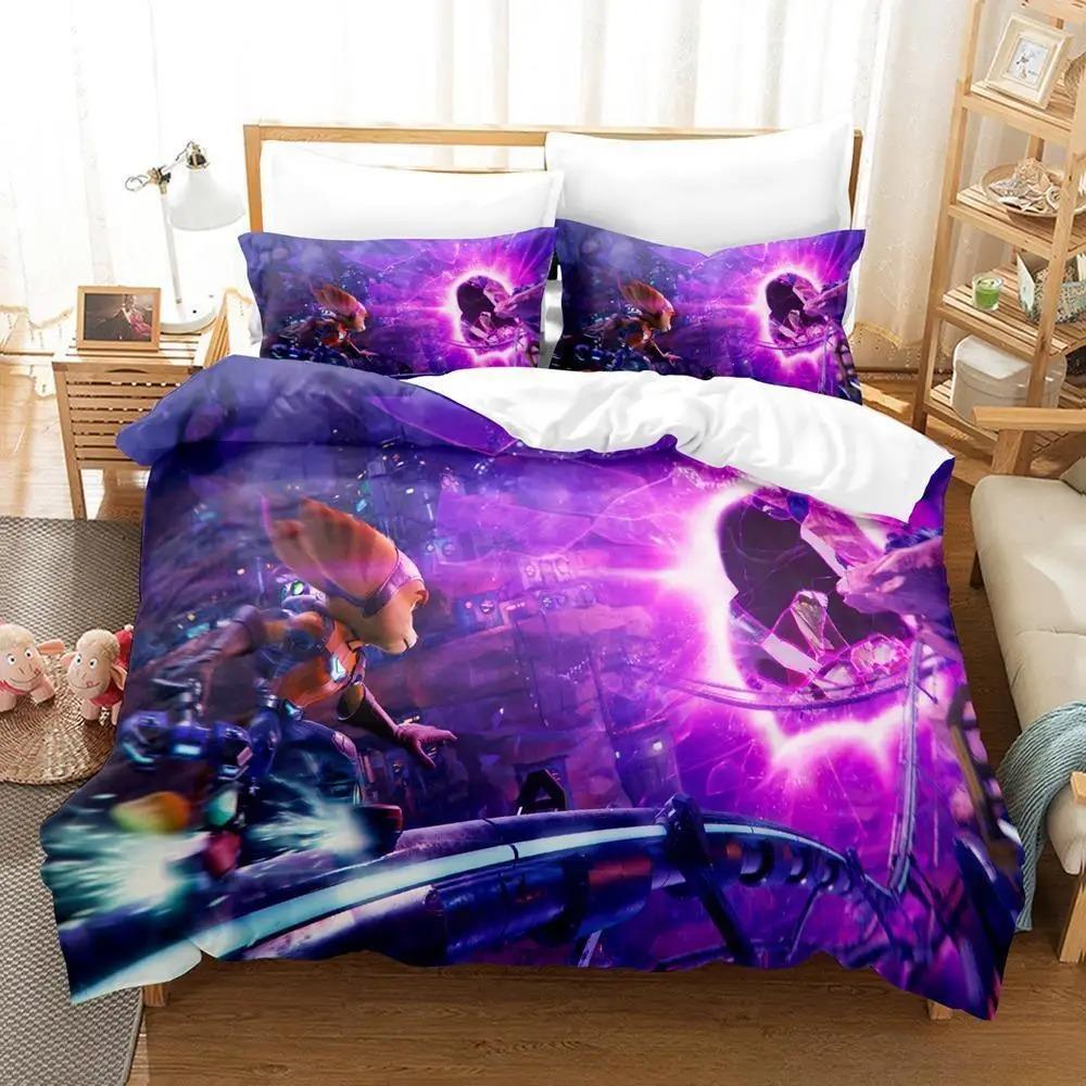Ensemble de literie 3D Jeu Ratchet & Clank Rift Apart Ensemble de lit imprimé Housse de couette Drap Taie d'oreiller Lit Couette douce Taille Double Queen King