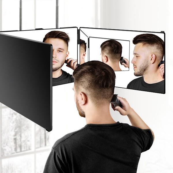 Specchio Pieghevole a Tre Vie per Taglio di Capelli Fai-da-Te con Barra Telescopica Regolabile per la Vista Posteriore