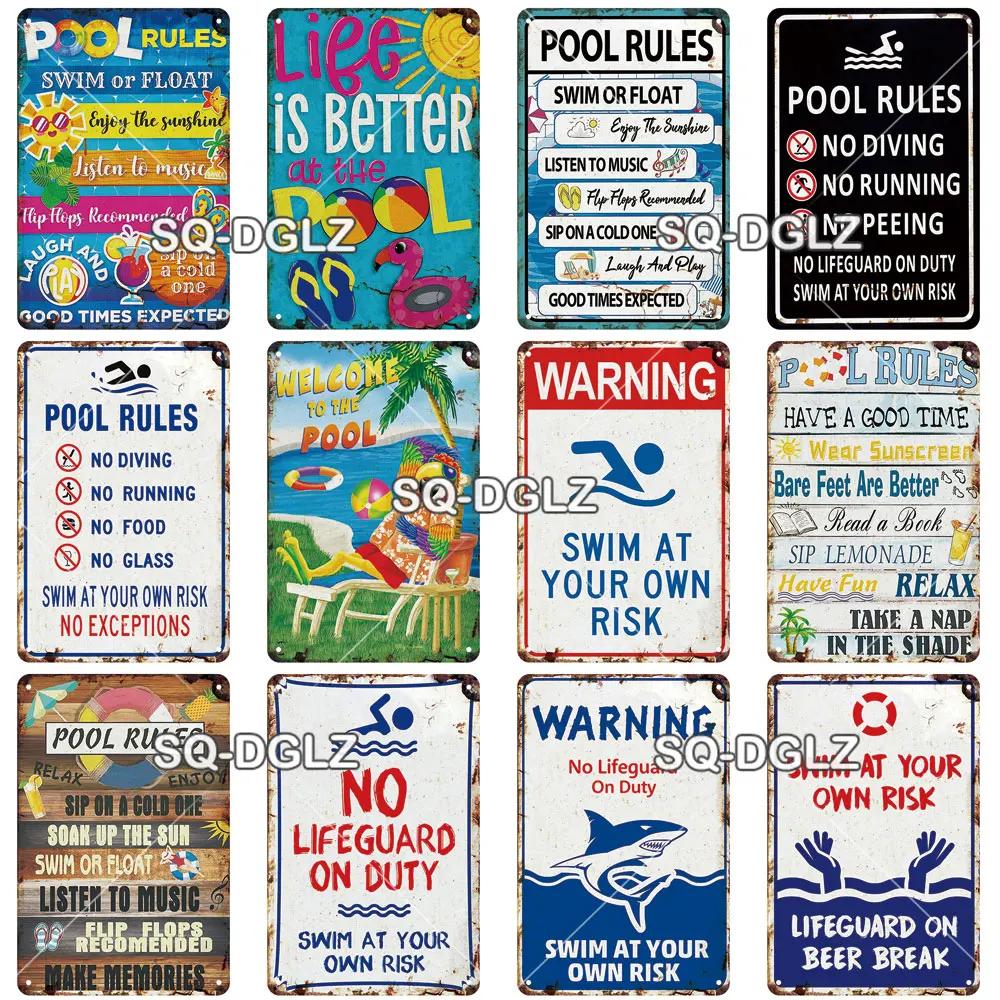 SQ-DGLZ Vintage Warning Pool Rules Metal Sign Plate Tin Sign Plate Home Bar Door Wall Decor Sticker Decoration Plaque Poster