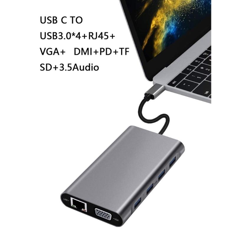 USB C to HDTV Adapter 11 Port Expansion Dock With RJ45 Gigabit Ethernet 3.5mm USB3.0 Data Transfer Memory Card Reader 87W