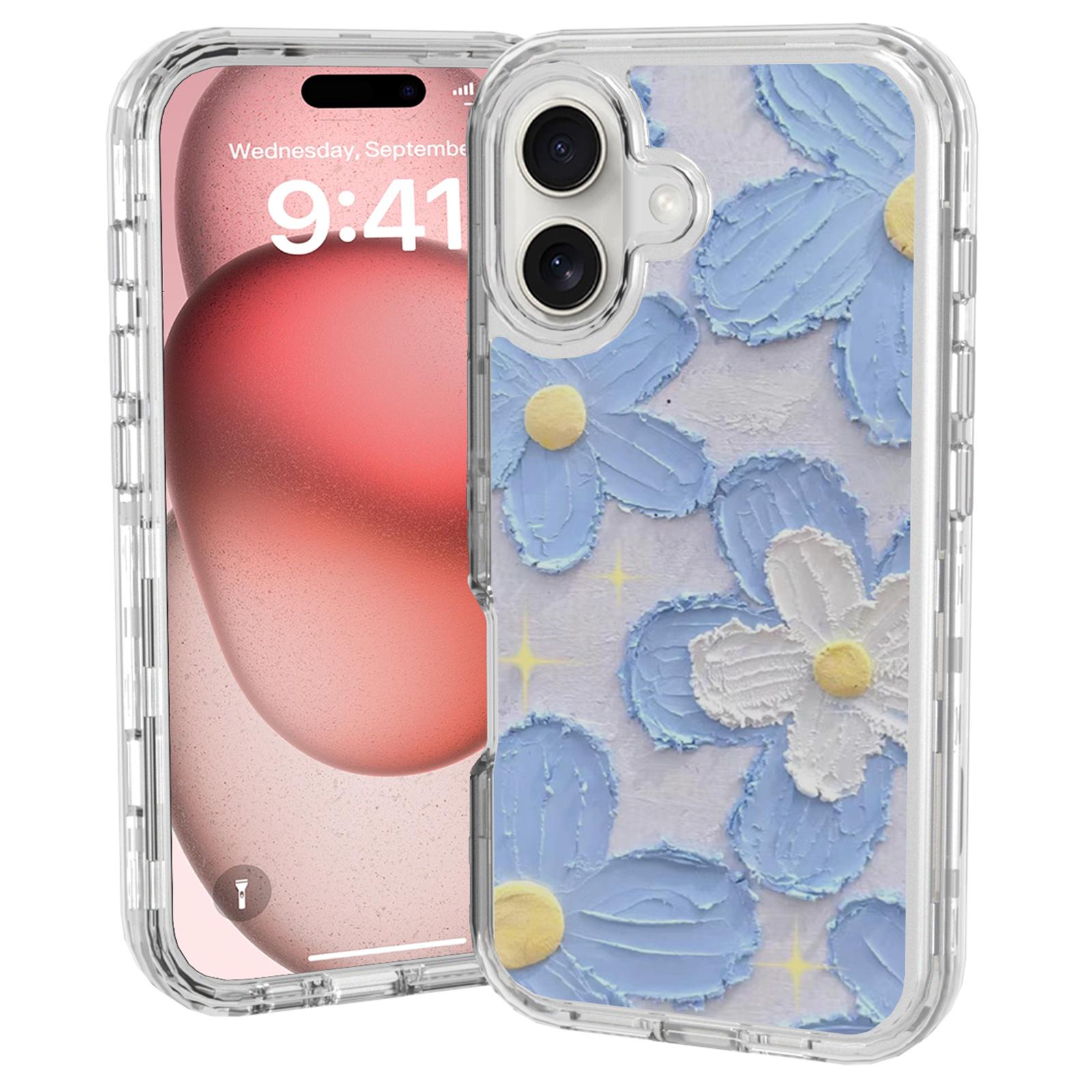 

GW02 For iPhone 16 Plus Case IMD Pattern TPU+PC Shockproof Phone Cover Blue Flower