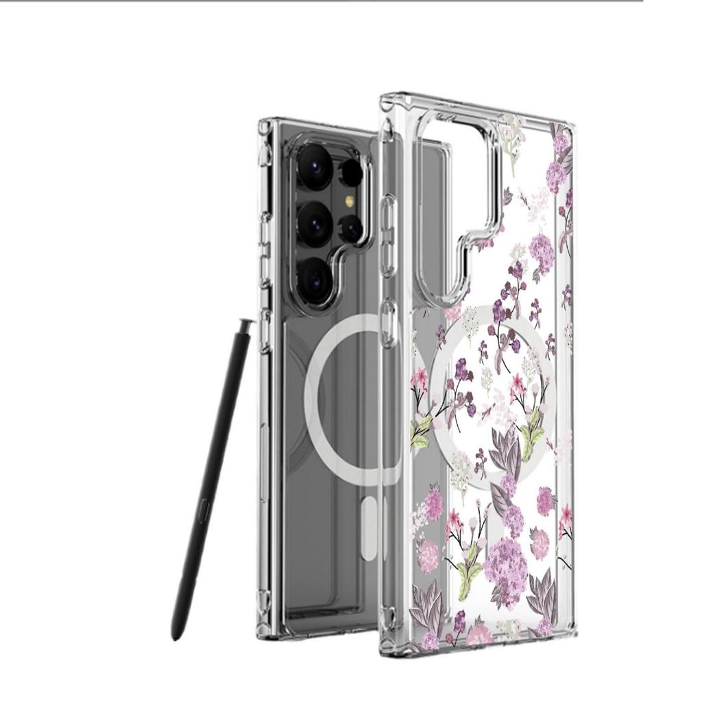 Small Purple Floral Magnetic Case for iPhone 15/16/17 Pro Max - Transparent Full Coverage