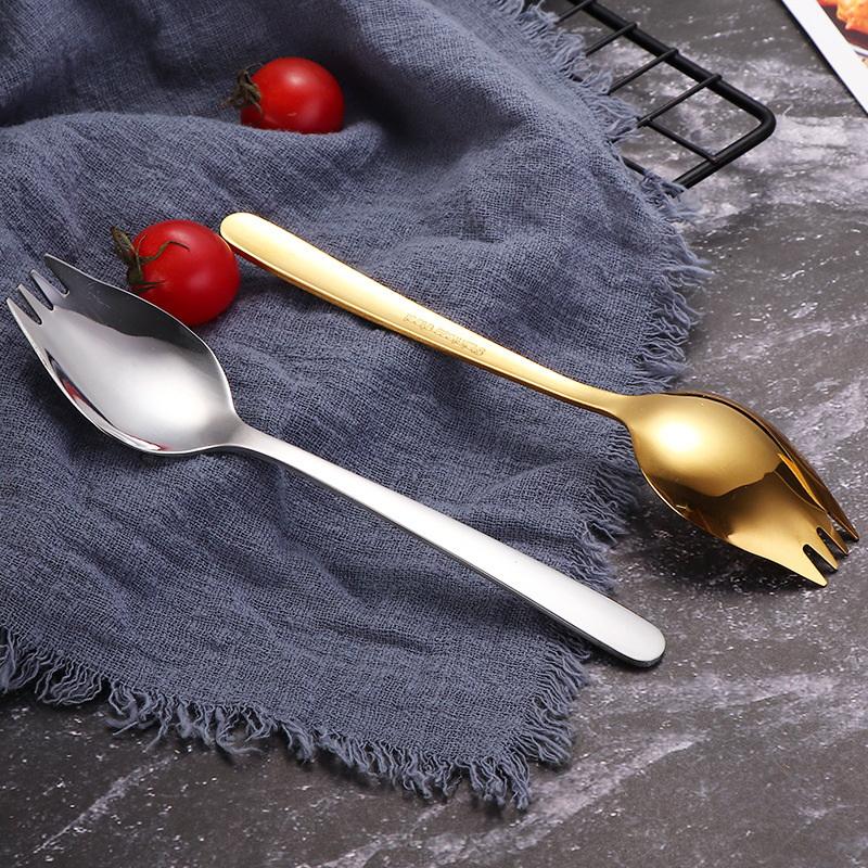 Cuchara y Tenedor de Acero Inoxidable Combinados, Cuchara para Ensalada Doméstica, Tenedor para Fruta, Cuchara para Sopa, Cubiertos Portátiles