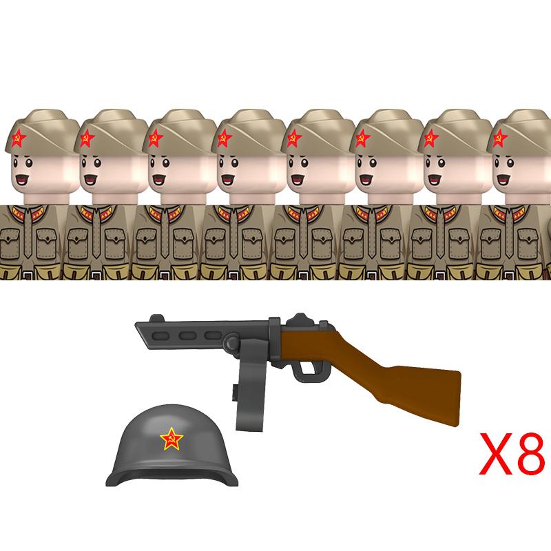 Non-Toxic Military Ww2 Soviet M35 Uniform Figures Building Blocks Russia Army Infantry Boat Hat Steel Helmet Pps Weapons Bricks Toys Kids