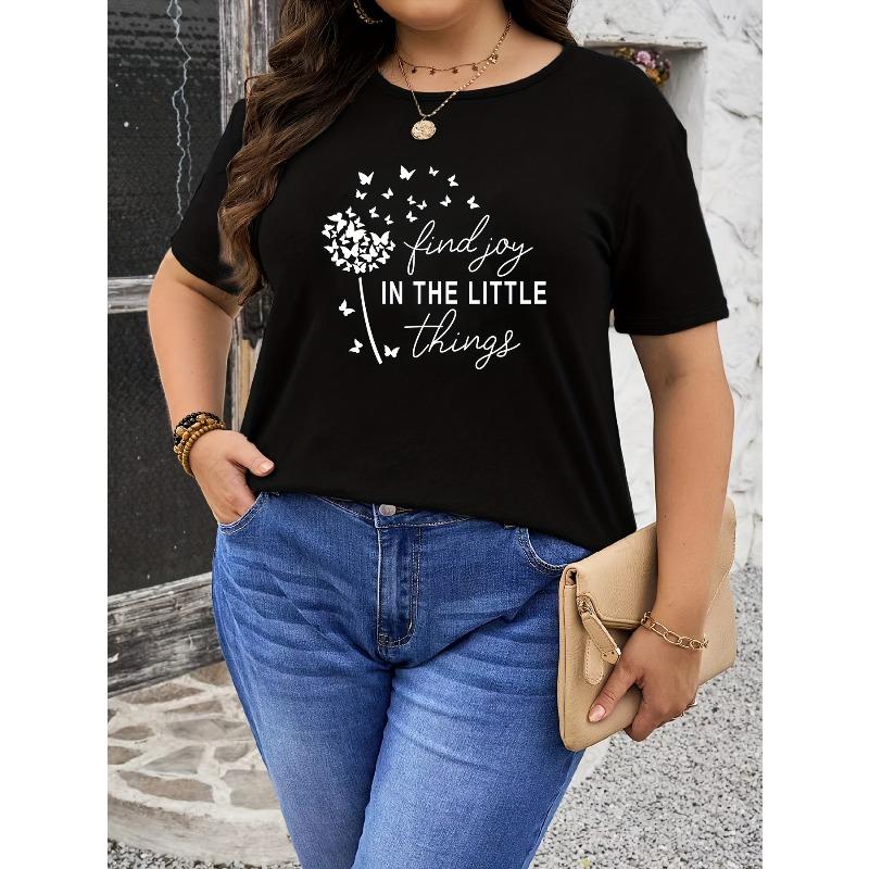 Großgröße Lässiges Kurzarm-T-Shirt Schwarz Blumen Schmetterling Pusteblume Aufdruck Dehnbar Rundhalsausschnitt Frühling Sommer Entspannte Passform Nicht transparent Pullover