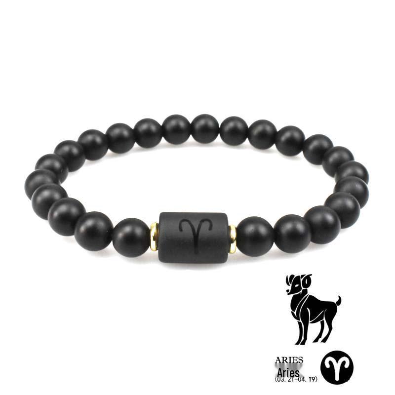 Zodiac Natural Stone Couple Bracelet with Frosted Black Agate Beads
