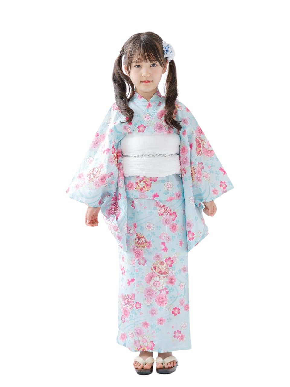 

Kids Yukata white floral cherry Heiko waist navy blue light butterfly Temari [ANDESIR] 2-piece set, background, pattern, blossoms, obi, strap,