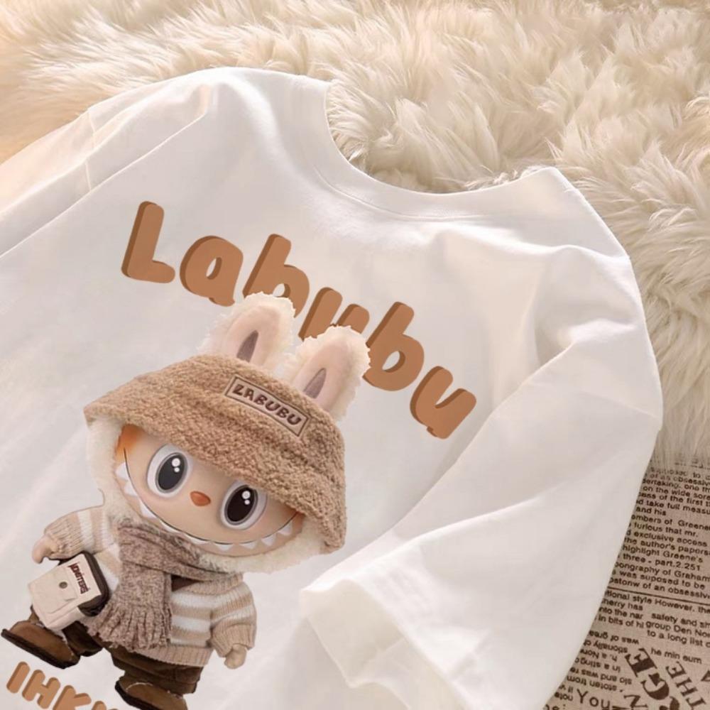 Children's LABUBU Printed T-shirt Korean Style Fashionable and Popular Girl Round Neck Short Sleeved Casual and Comfortable Top
