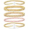 Dainty Gold Plated Pearl Crystal Beaded Bracelets Set for Women 14K Gold Plated Bead Pearl Beads Bracelet Stackable Paperclip Link Chain Bracelets