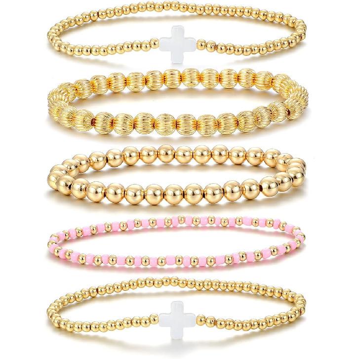 Dainty Gold Plated Pearl Crystal Beaded Bracelets Set for Women 14K Gold Plated Bead Pearl Beads Bracelet Stackable Paperclip Link Chain Bracelets