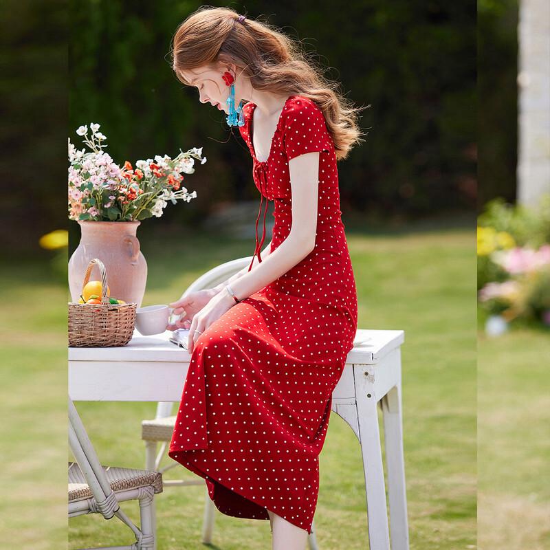 Bailuyu Women's Polka Dot U-Neck Slim-Fit Long Dress