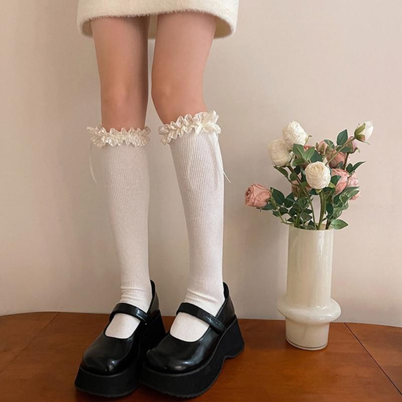 Ballet Style Bow Knee High Socks Lolitas Lace Ruffle Frilly Calf Socks JK Students Girls Stockings Sweet Knee Highs