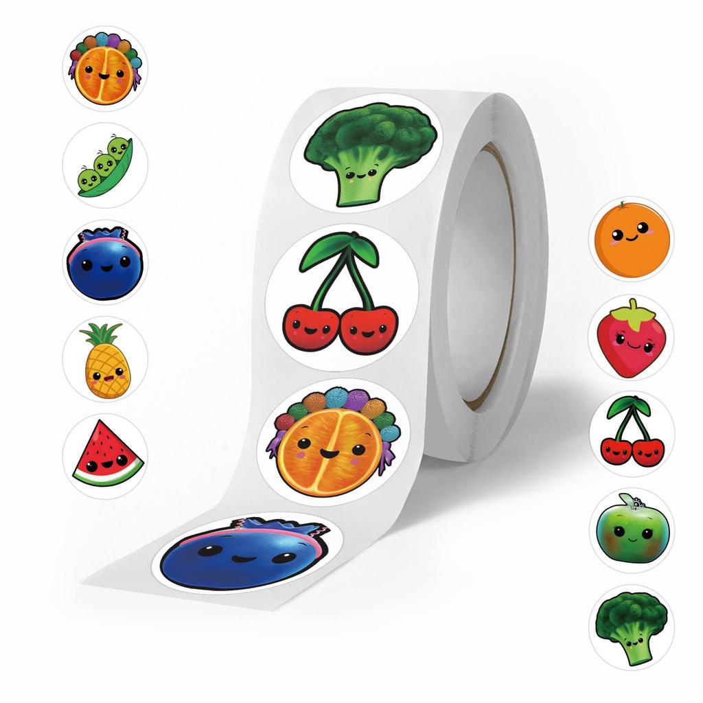 Hey Bear Sensory 500 Sheets/Roll: Fruit & Vegetable Stickers for DIY Decoration, Water Cups, Desks, Sealing
