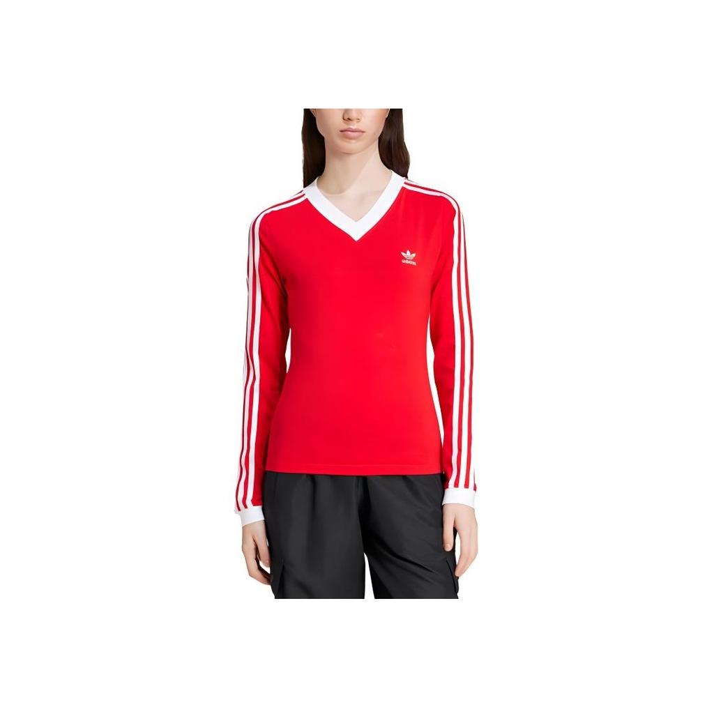 Adidas Originals Classic V-Neck Sports Ribbed Long Sleeve Shirt Women Tops Red IY7248