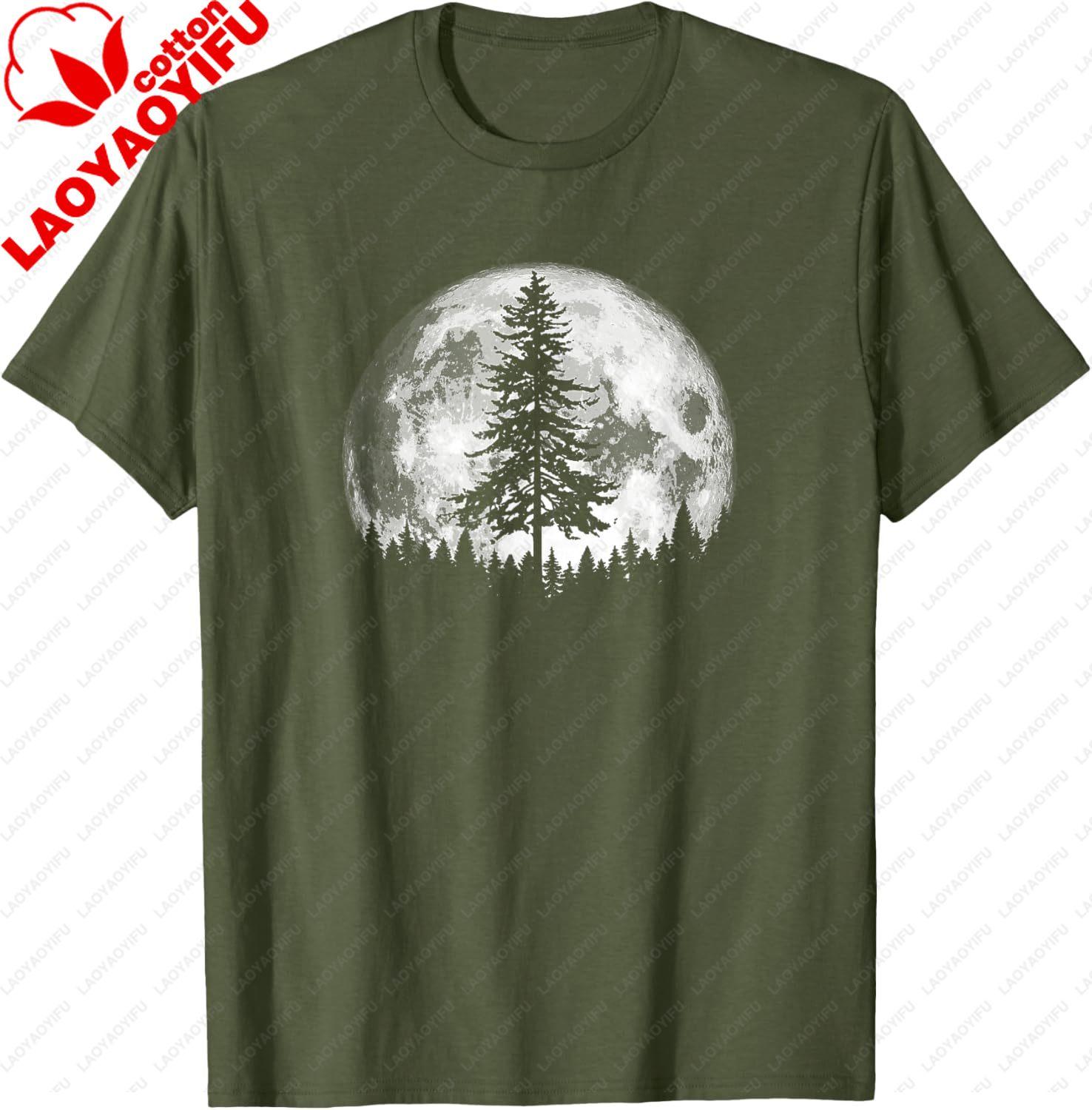 Retro Full Moon Minimalist Pine Tree Vintage Graphic TShirt Unisex Cotton Tshirt Vintage Graphic Tee Camisas Streetwear S
