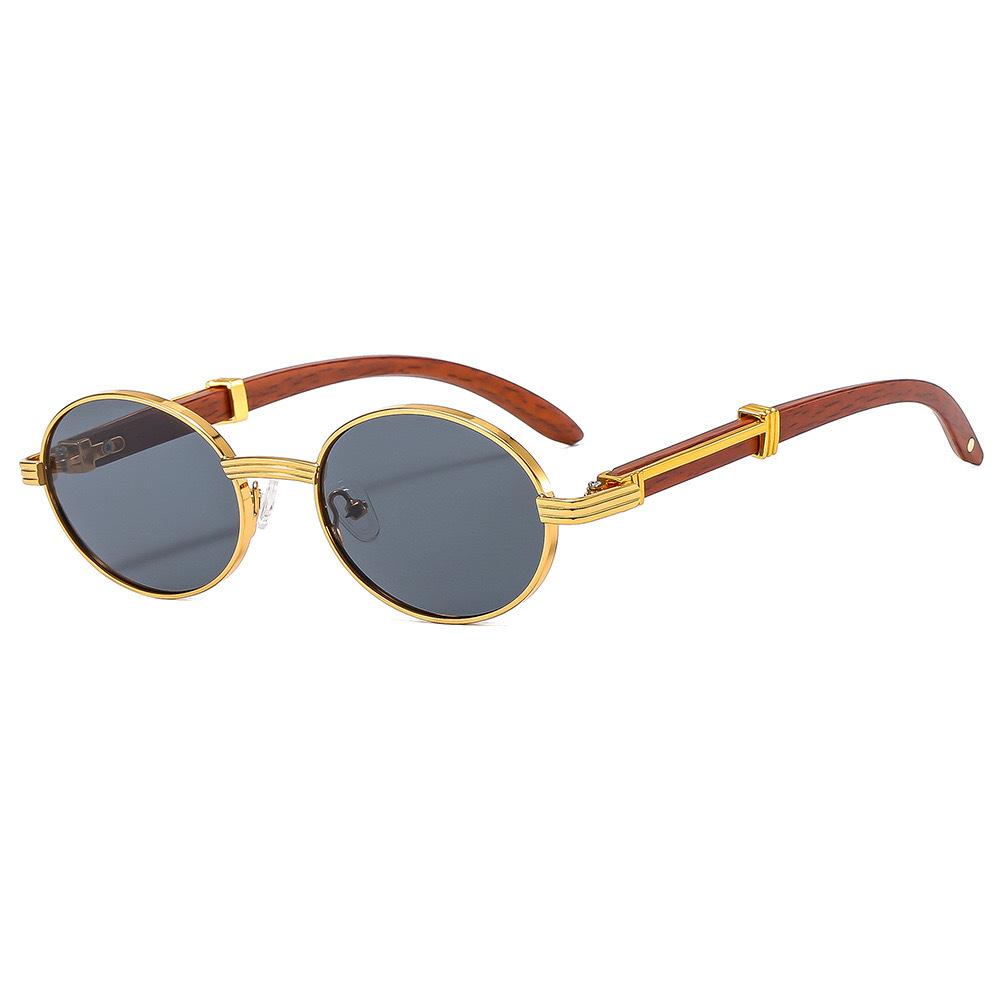 Retro Oval Frame Sunglasses Personalized Wood Grain Legs Uv-Proof Metal Sunglasses