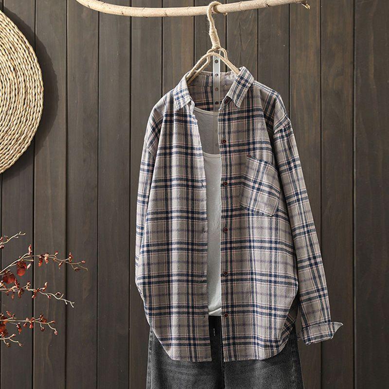 Kariertes Hemd Damen Retro Frühling und Herbst Koreanische Version der Langarm-Loose-Jacke