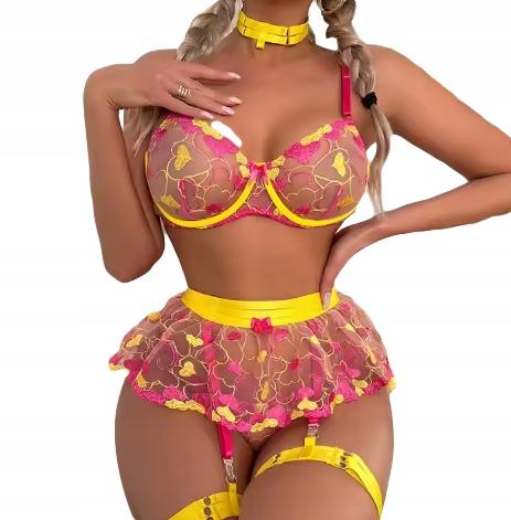 Beautiful Set Of Women's Underwear: Bra, Skirt, Thigh Straps, Thong M