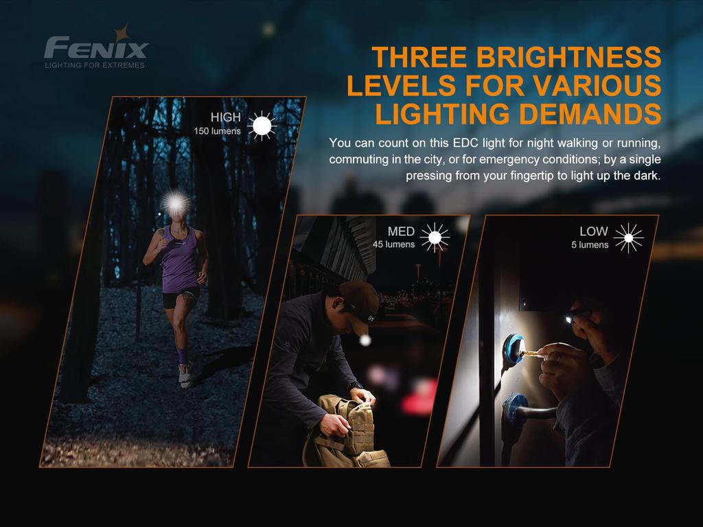 Fenix Mini EDC Max 150 IP66 Running Signal MINI-LITE Multi-Purpose Light, Lumens, 52mm, 18g, White/Red/Blue Light, Waterproof,