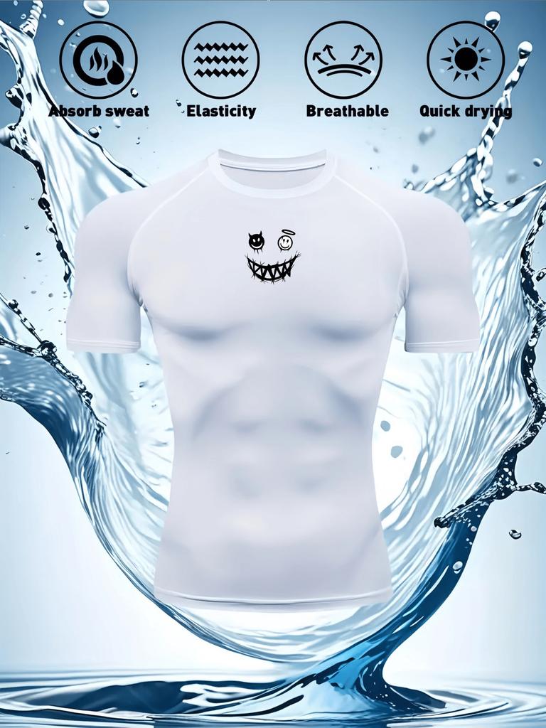 Men's Compression Shirt Quick Dry White Gym T-Shirt Black Grinning Monster Print Workout Sportswear