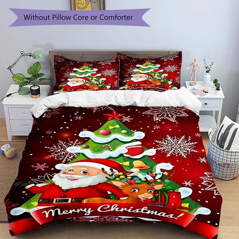 3pcs Merry Christmas! Santa Claus & Reindeer Bedding Set, Includes 1 Quilt Cover and 2 Pillowcases (No Core), Festive Gift for Bedroom