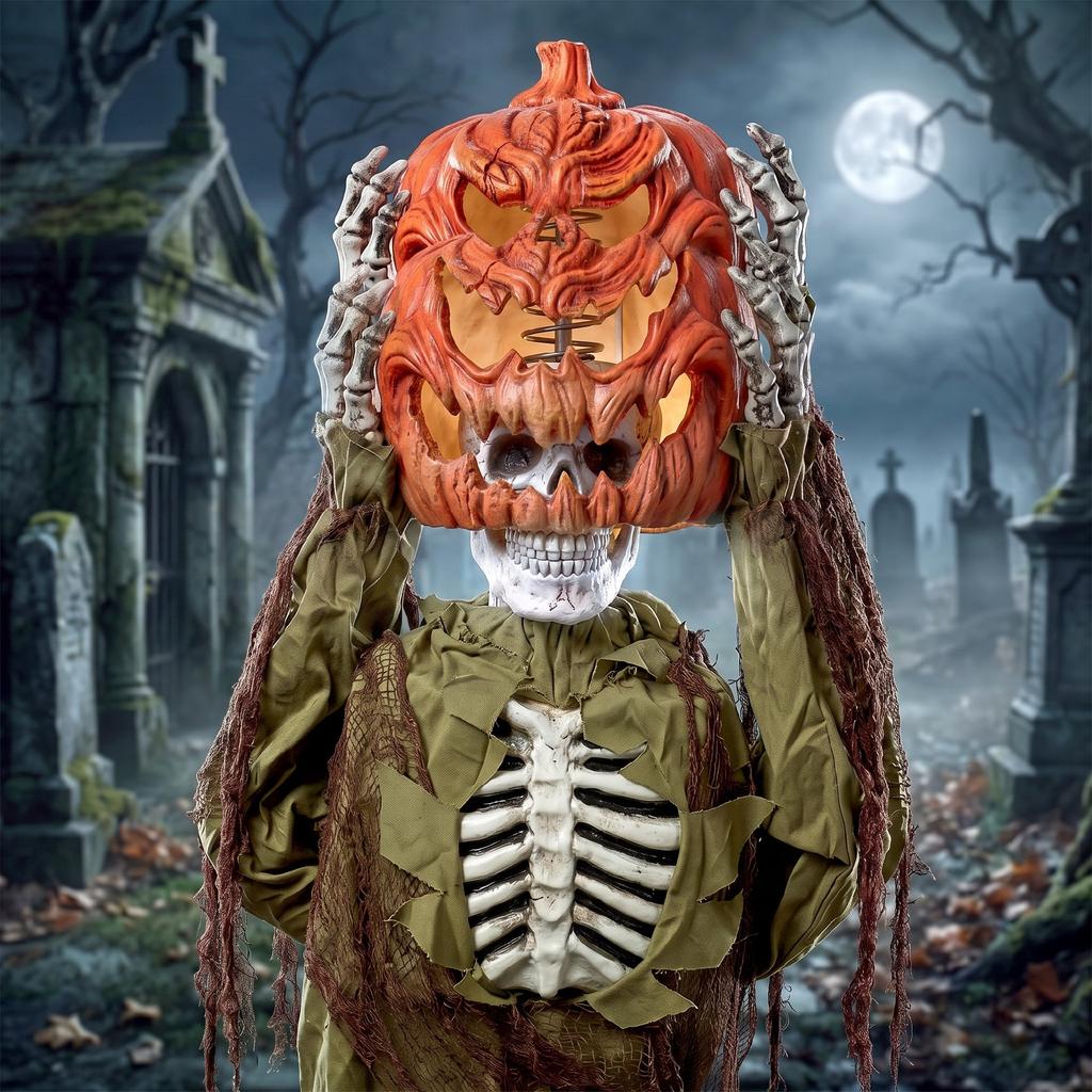 Animated Pop-up Pumpkin Skeleton, 173 Cm, Spooky Halloween Decoration with Light, Sound and Touch Activation