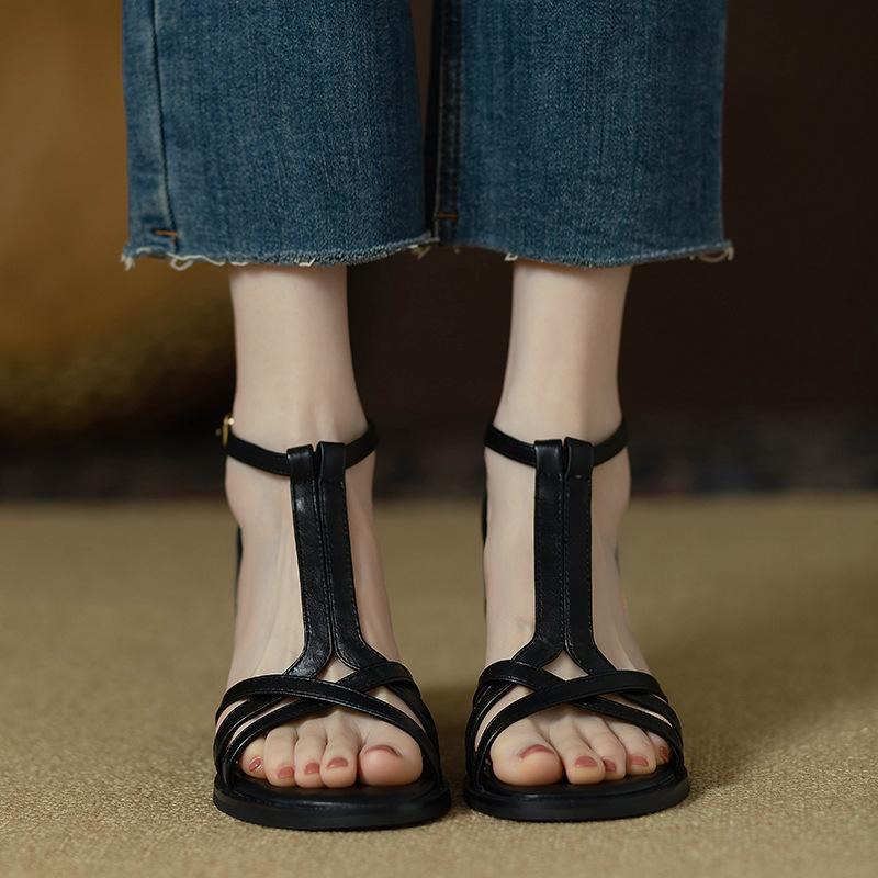 Fashion New Summer 2025 Genuine Soft Leather Thick-heeled T-belt Roman Women's Shoe for Mid-heel Cross-toe Sandals