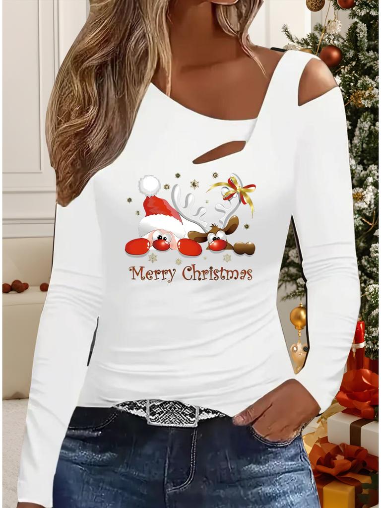 Autumn & Winter Women's New Casual  Long Sleeve Top  Christmas Pattern Ideal Halloween Christmas Gift T Shirt