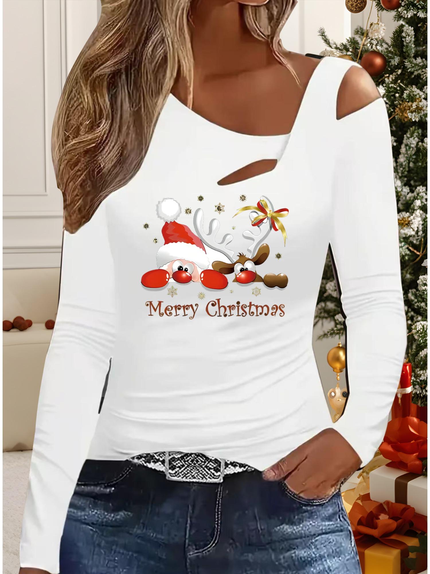 

Осень и Зима Женский Новый Повседневный Топ с Длинным Рукавом Рождественский Узор Идеальный Подарок на Хэллоуин Рождество Футболка S белый