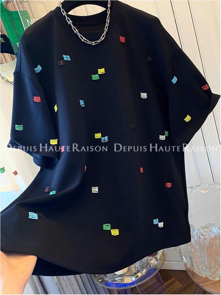 Women's Summer Loose Fit Korean Embroidered T-Shirt - Unique Straight Shoulder Short Sleeve Top