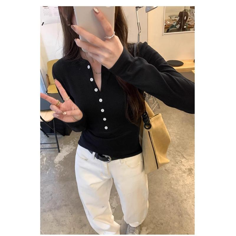 Women Fleece Brushed Slim Long Sleeve Button Casual Top Inner Base Shirt