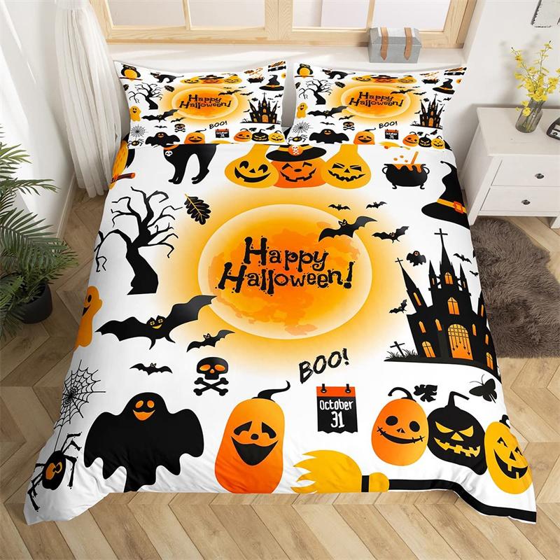 Halloween Duvet Cover Horror Pumpkin Lantern Bedding Set Polyester Crazy Scary Horseman Comforter Cover King For Kids Boys Girls