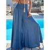 Spring Summer Solid Color High Waisted Ice Silk Trousers Casual Versatile Elastic Pocket Wide Leg Pant