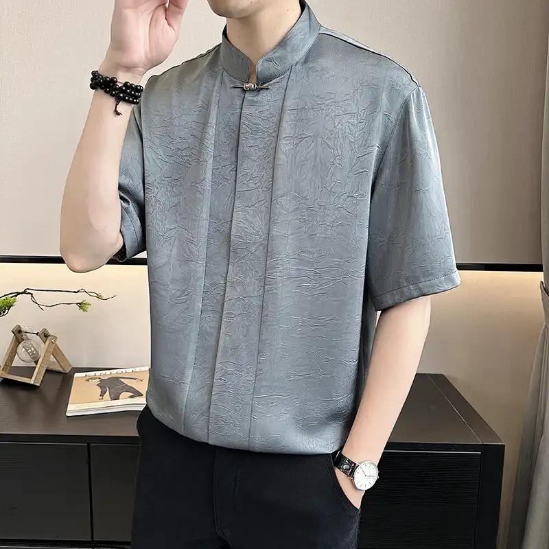 

Men s Black Mandarin Collar Short Sleeve Shirt Casual Textured Traditional Button-Up Blouse S серый