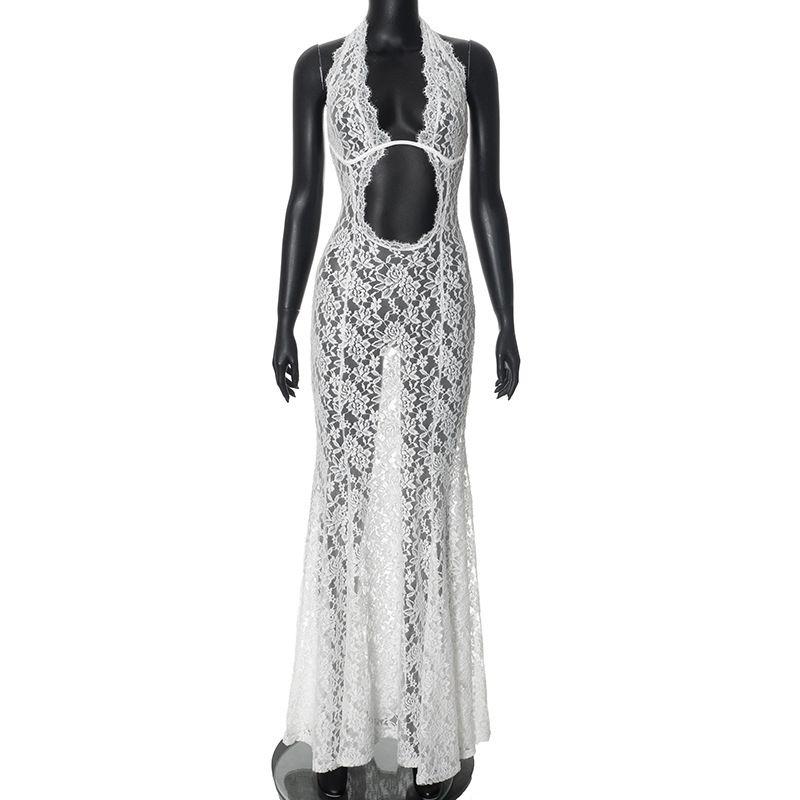 

Elsa Fashion Women s New Sexy Beach Vacation Style Sexy See-through Lace Halter Cut-out Long Dress White(In Stock on the same day.) L