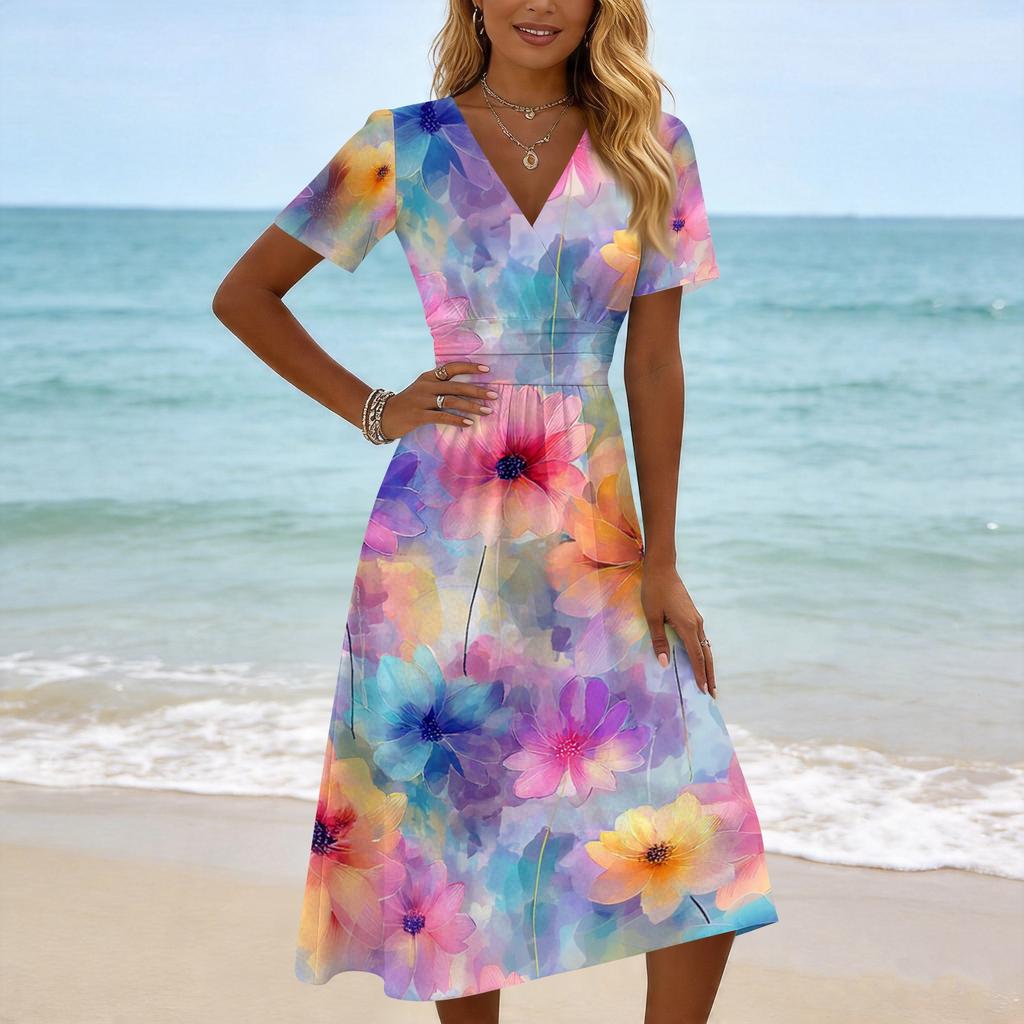 Women's Casual Fashion Floral Print Short-Sleeve V-Neck Dress