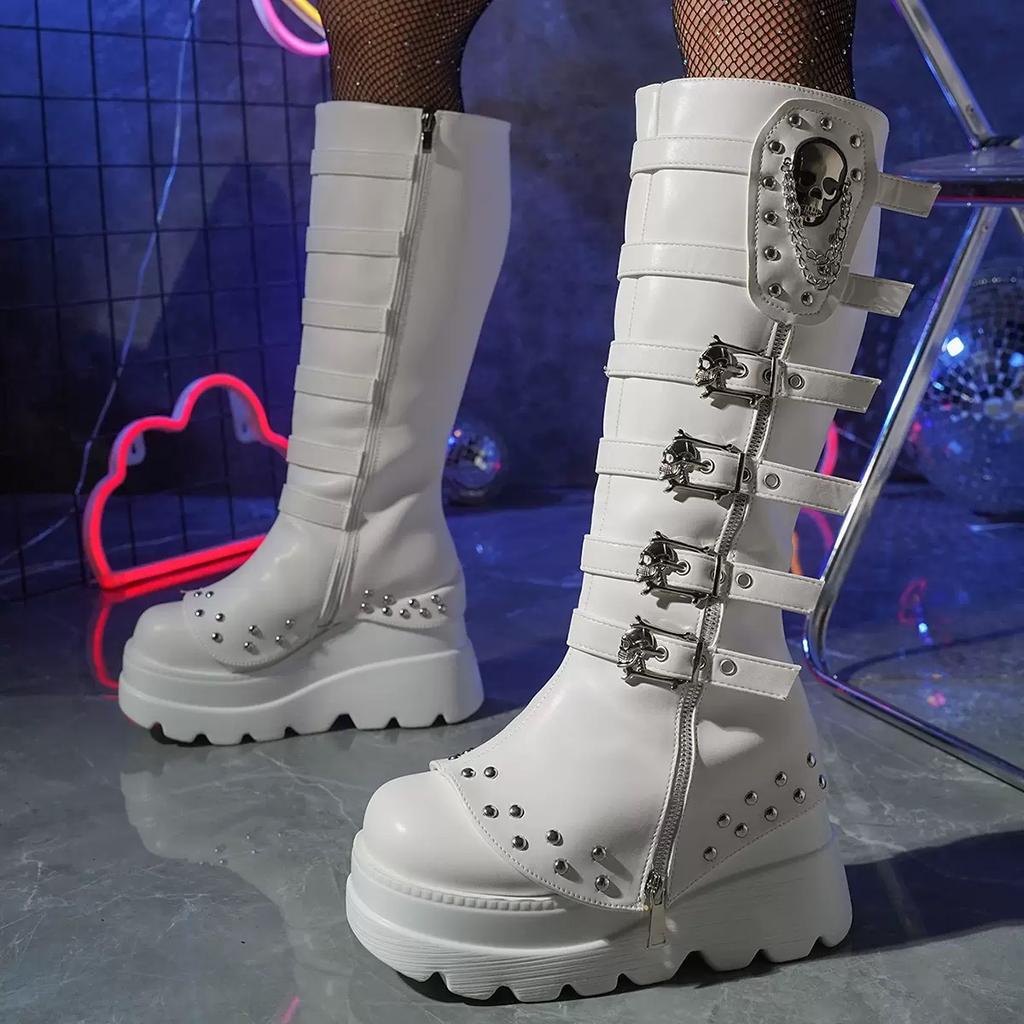 Dampjägare Stövlar Punkstil Gotiska Stövlar Spänne Design Dam Höjdar Plattformsstövlar Botas Largas Mujer